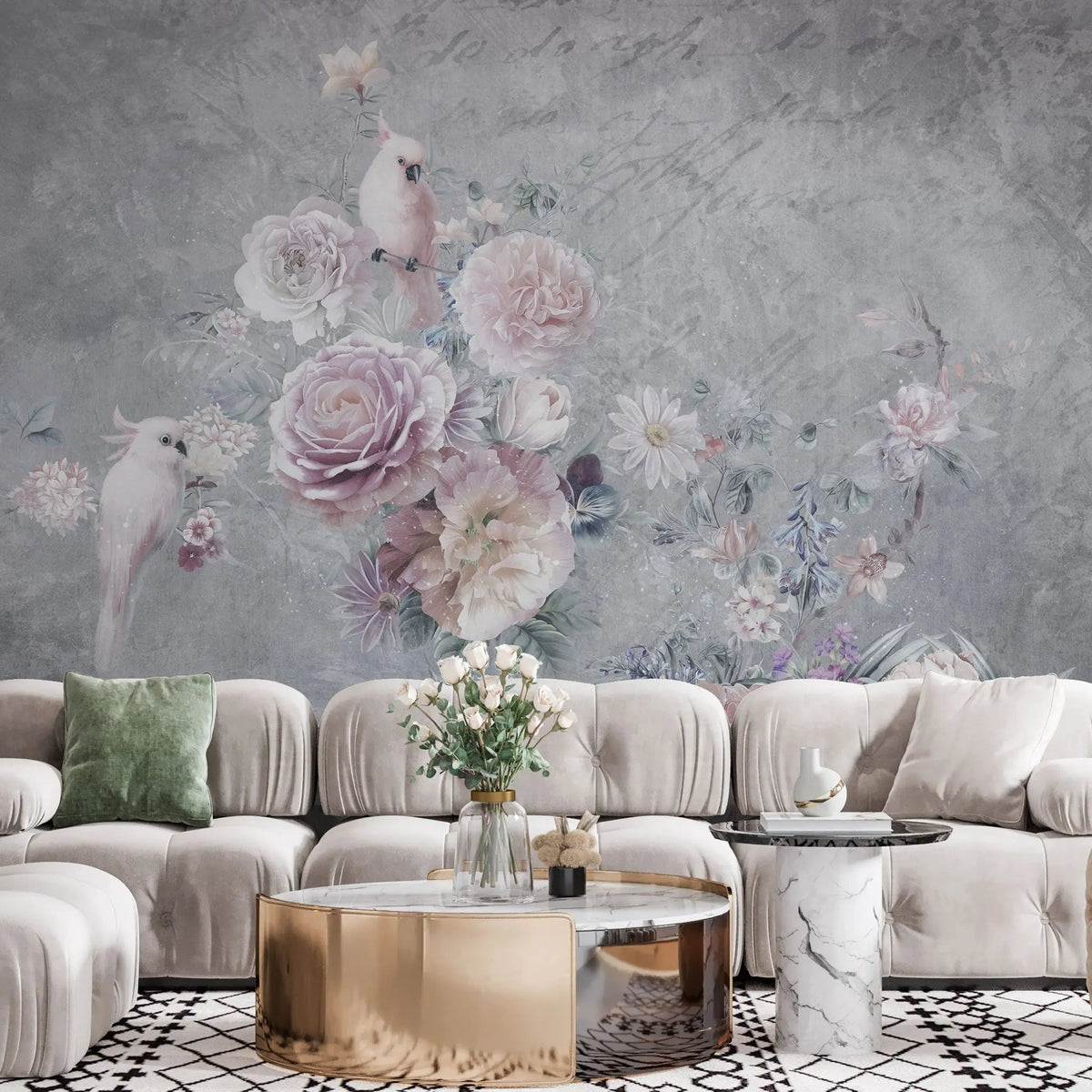 Tapet personalizat floral cu papagali albi si trandafiri roz white parrots