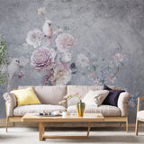 Tapet personalizat floral cu papagali albi si trandafiri roz white parrots