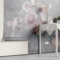 Tapet personalizat floral cu papagali albi si trandafiri roz white parrots