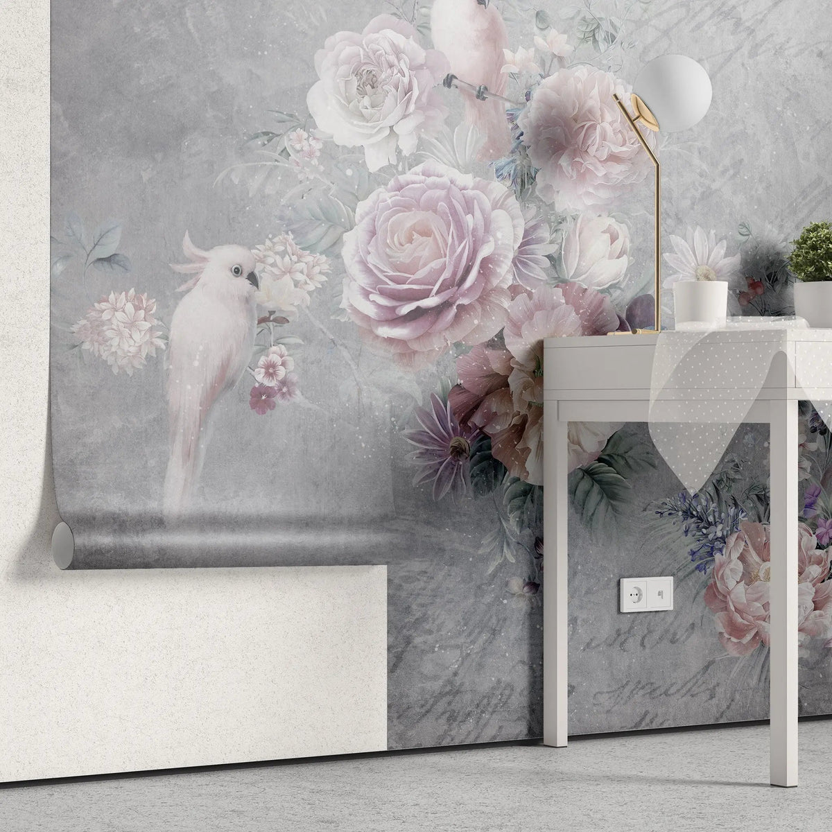 Tapet personalizat floral cu papagali albi si trandafiri roz white parrots
