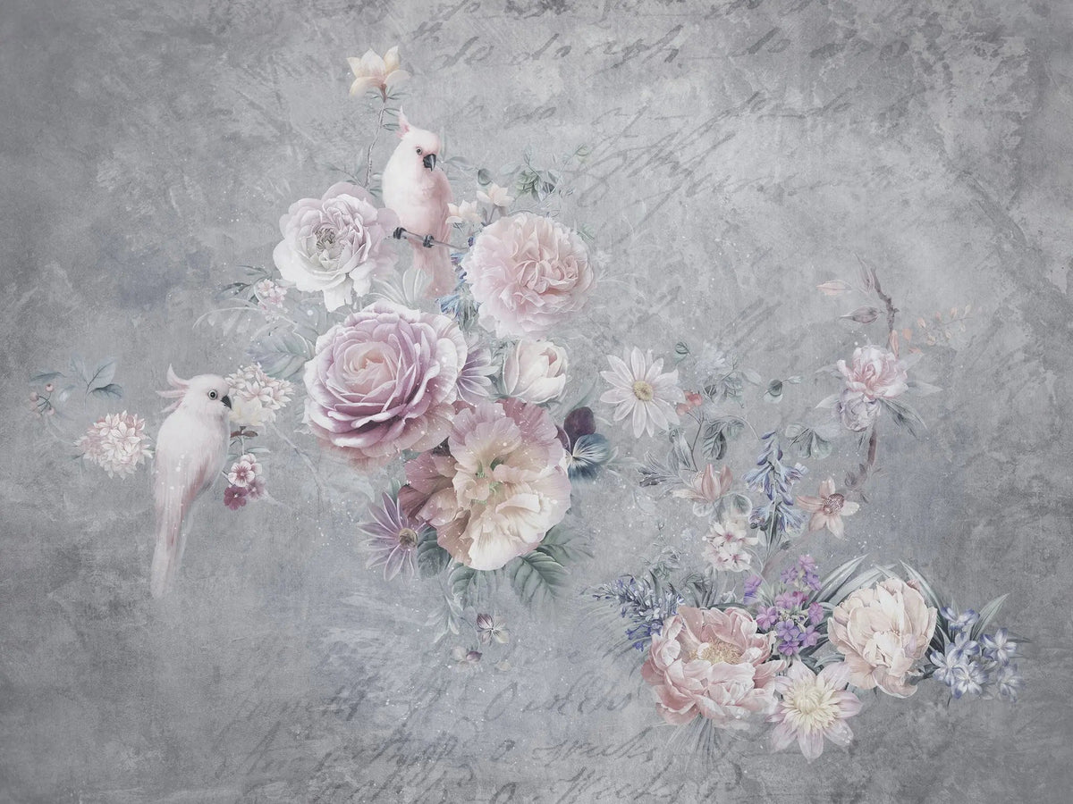 Tapet personalizat floral cu papagali albi si trandafiri roz white parrots