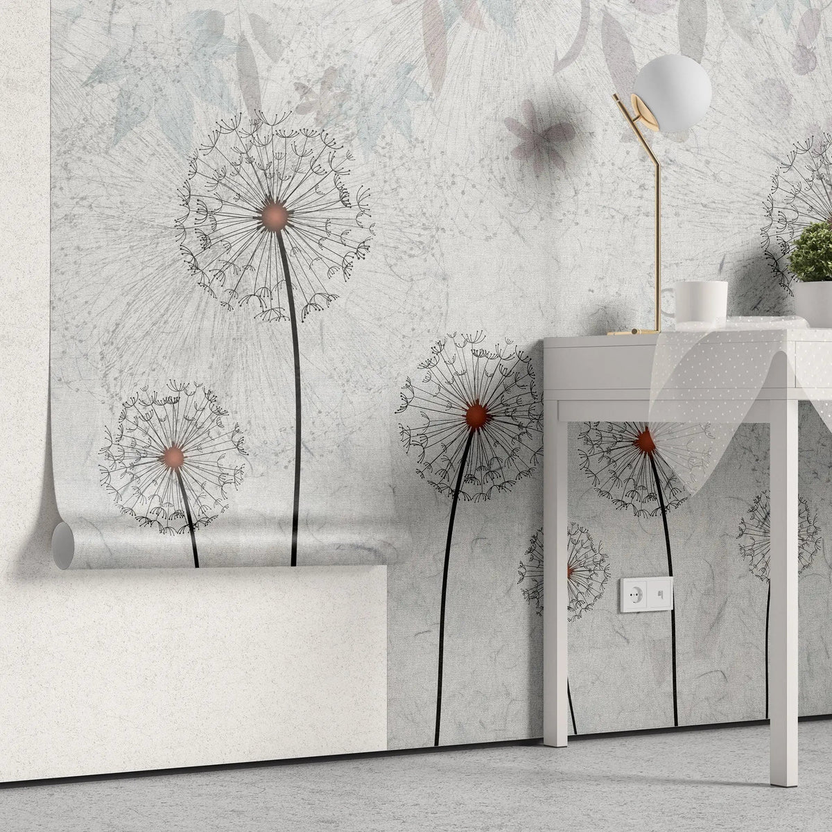 Tapet personalizat floral cu papadii pe un fundal albastru deschis light blue dandelions