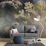 Tapet personalizat floral cu flori orientale pe un fundal multicolor inchis dark geisha