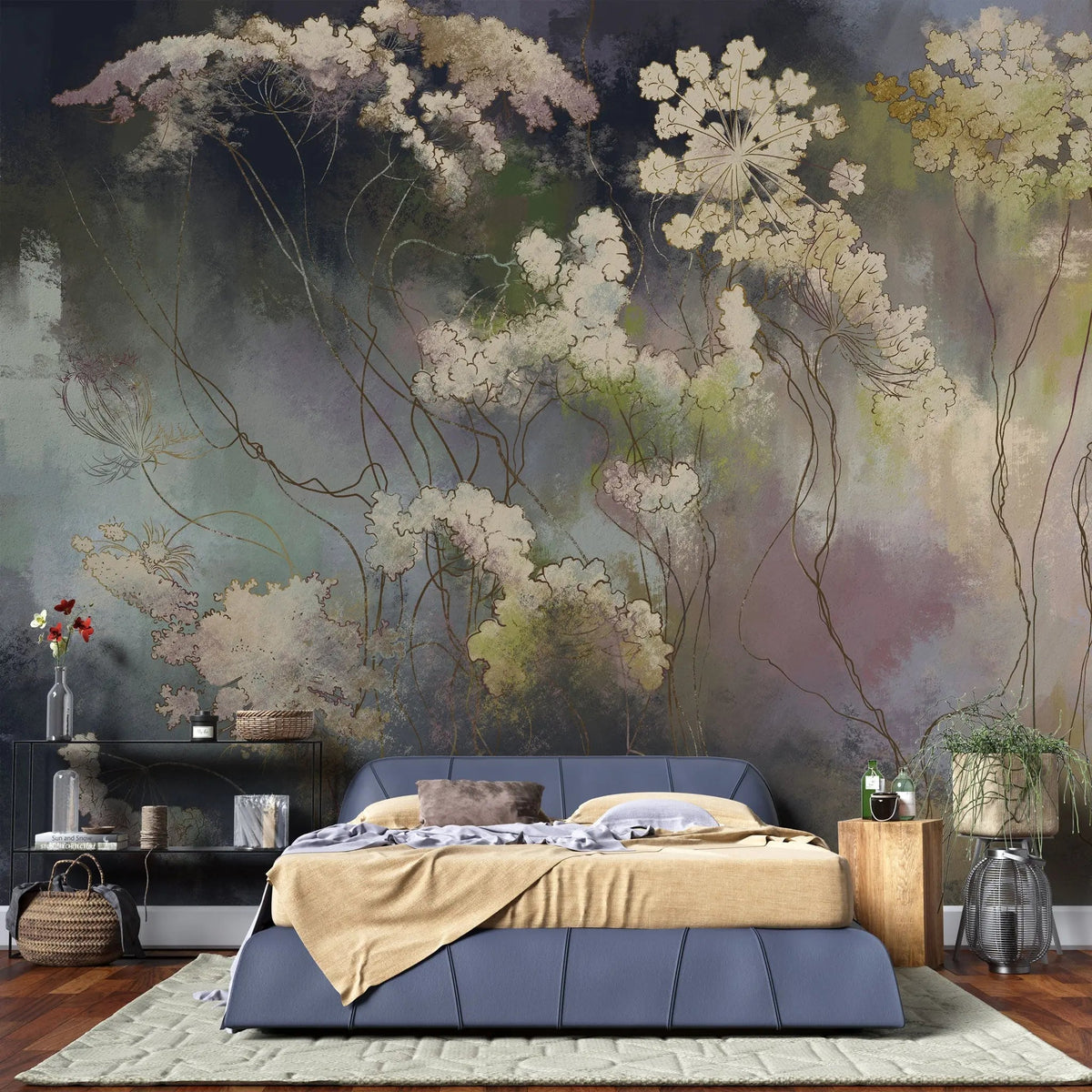 Tapet personalizat floral cu flori orientale pe un fundal multicolor inchis dark geisha