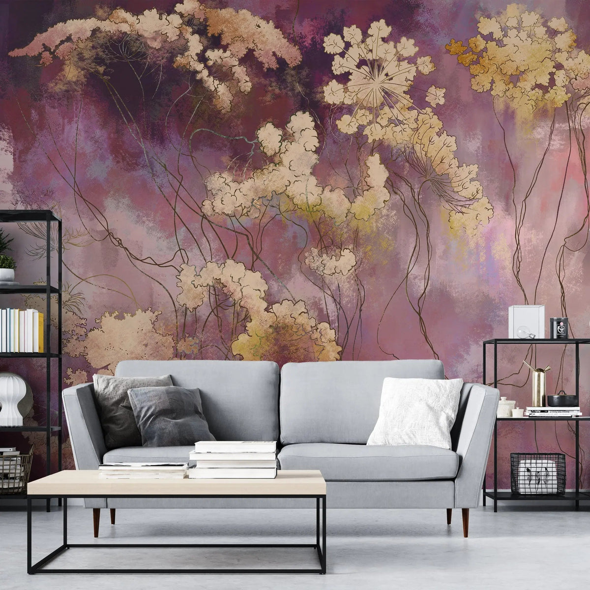 Tapet personalizat floral cu flori orientale pe un fundal roz inchis pink geisha