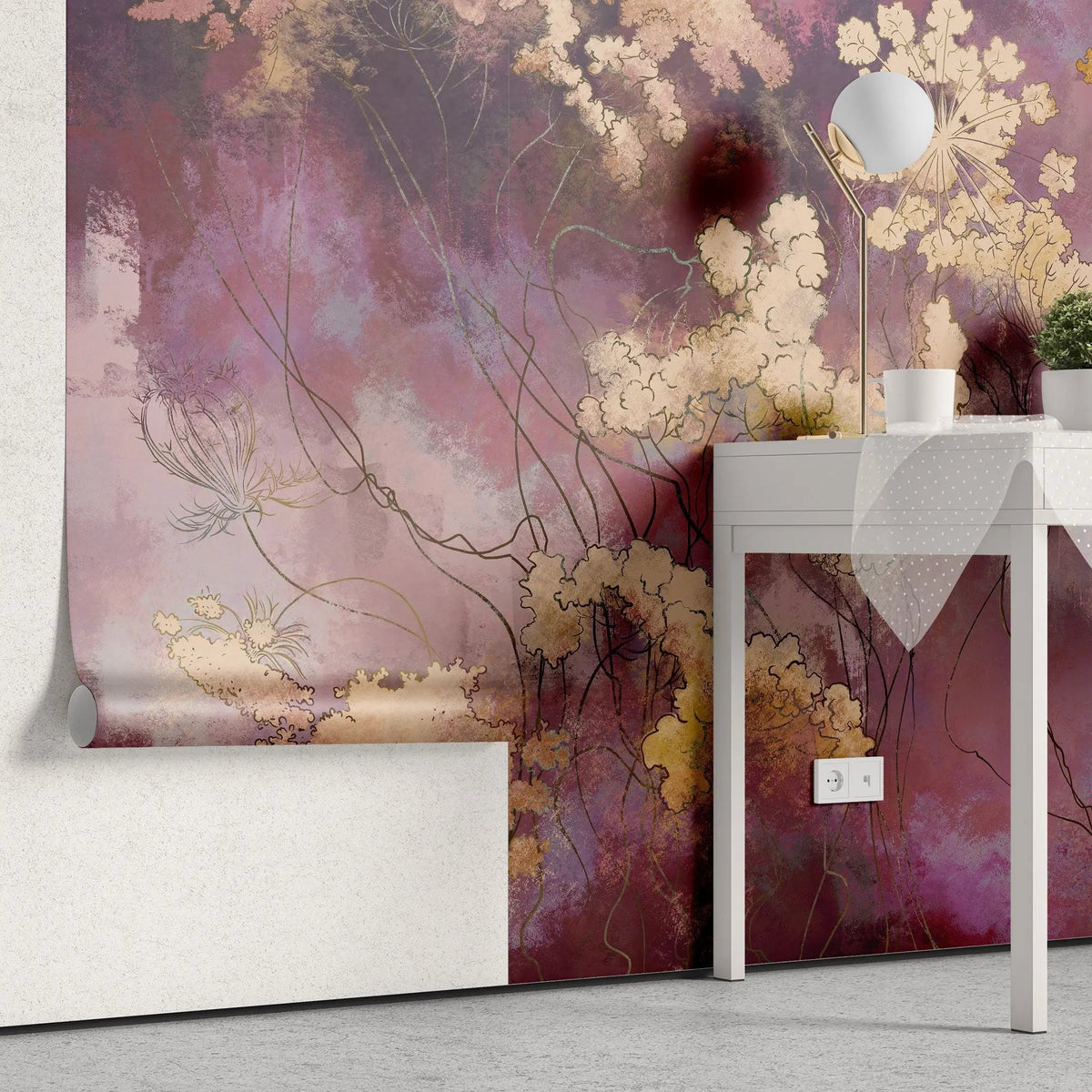 Tapet personalizat floral cu flori orientale pe un fundal roz inchis pink geisha