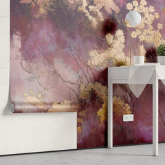 Tapet personalizat floral cu flori orientale pe un fundal roz inchis pink geisha