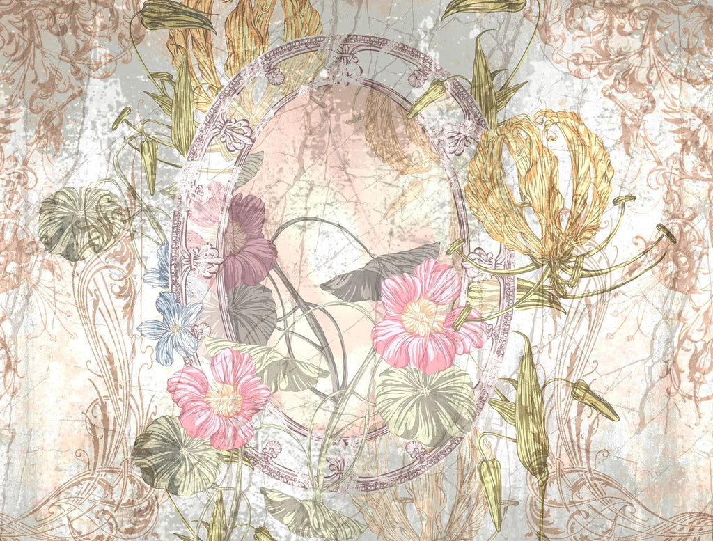 Tapet personalizat floral cu oglinda vintage si flori flower mirror