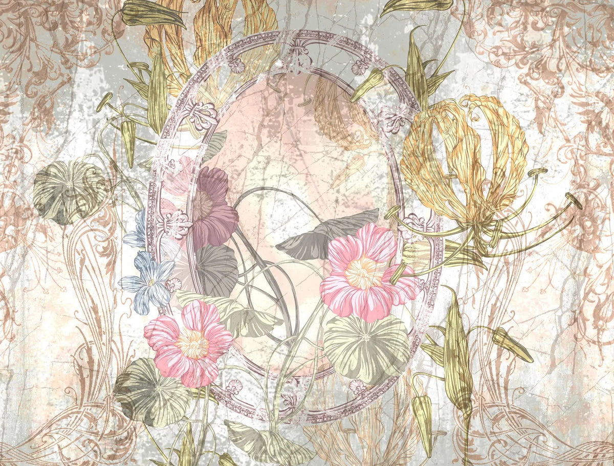 Tapet personalizat floral cu oglinda vintage si flori flower mirror