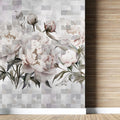 Tapet personalizat floral cu flori roz de bujori infloriti pe un fundal alb geometric geometric peony