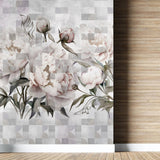 Tapet personalizat floral cu flori roz de bujori infloriti pe un fundal alb geometric geometric peony
