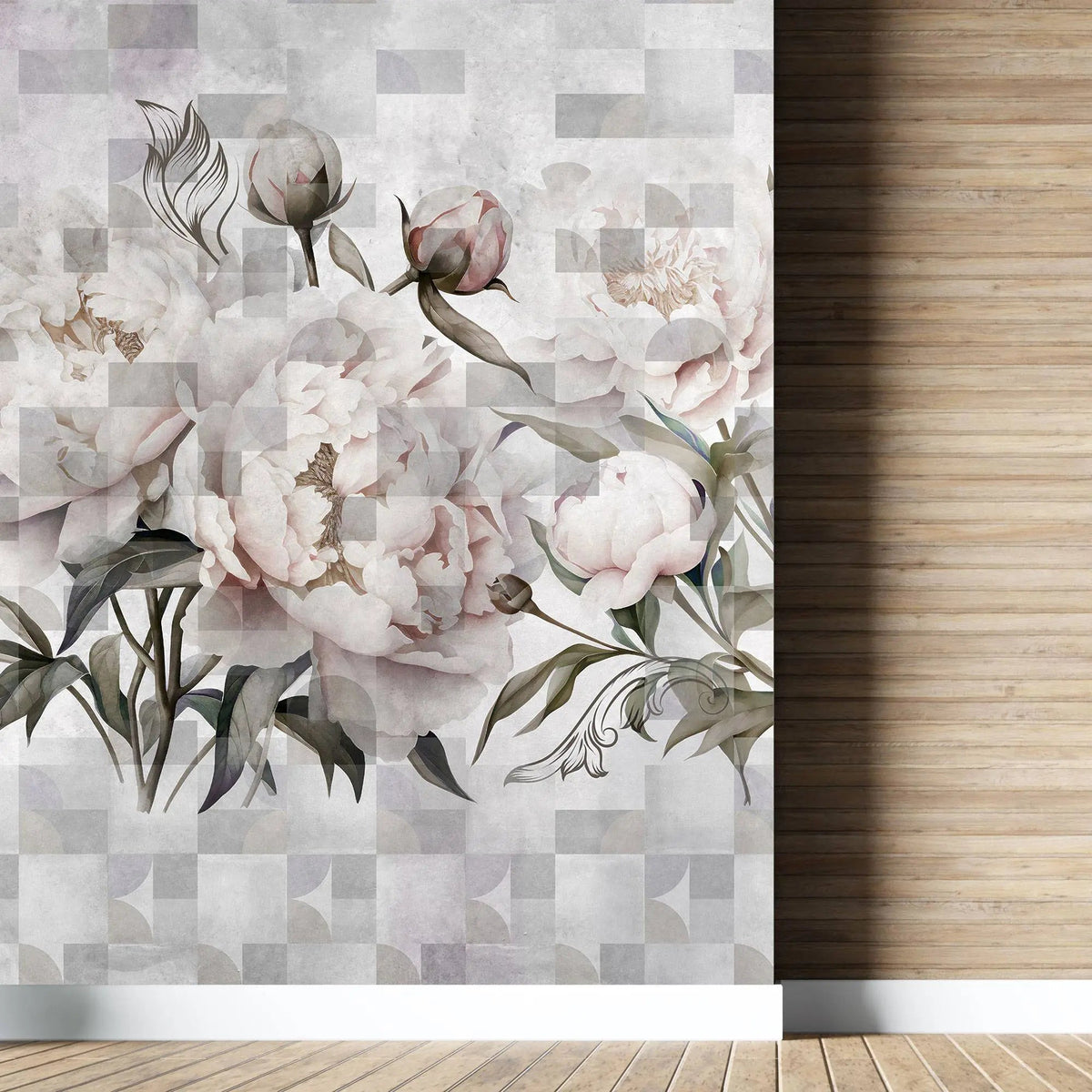 Tapet personalizat floral cu flori roz de bujori infloriti pe un fundal alb geometric geometric peony