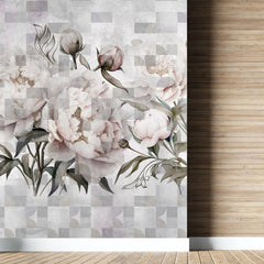 Tapet personalizat floral cu flori roz de bujori infloriti pe un fundal alb geometric geometric peony