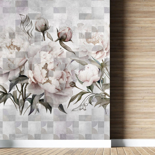 Tapet personalizat floral cu flori roz de bujori infloriti pe un fundal alb geometric geometric peony