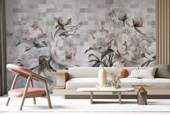 Tapet personalizat floral cu flori roz de bujori infloriti pe un fundal alb geometric geometric peony