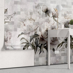 Tapet personalizat floral cu flori roz de bujori infloriti pe un fundal alb geometric geometric peony
