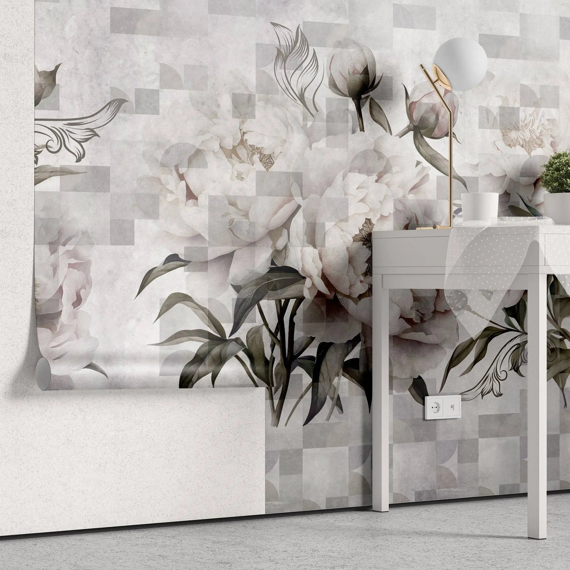 Tapet personalizat floral cu flori roz de bujori infloriti pe un fundal alb geometric geometric peony