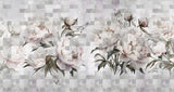 Tapet personalizat floral cu flori roz de bujori infloriti pe un fundal alb geometric geometric peony