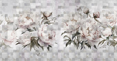 Tapet personalizat floral cu flori roz de bujori infloriti pe un fundal alb geometric geometric peony