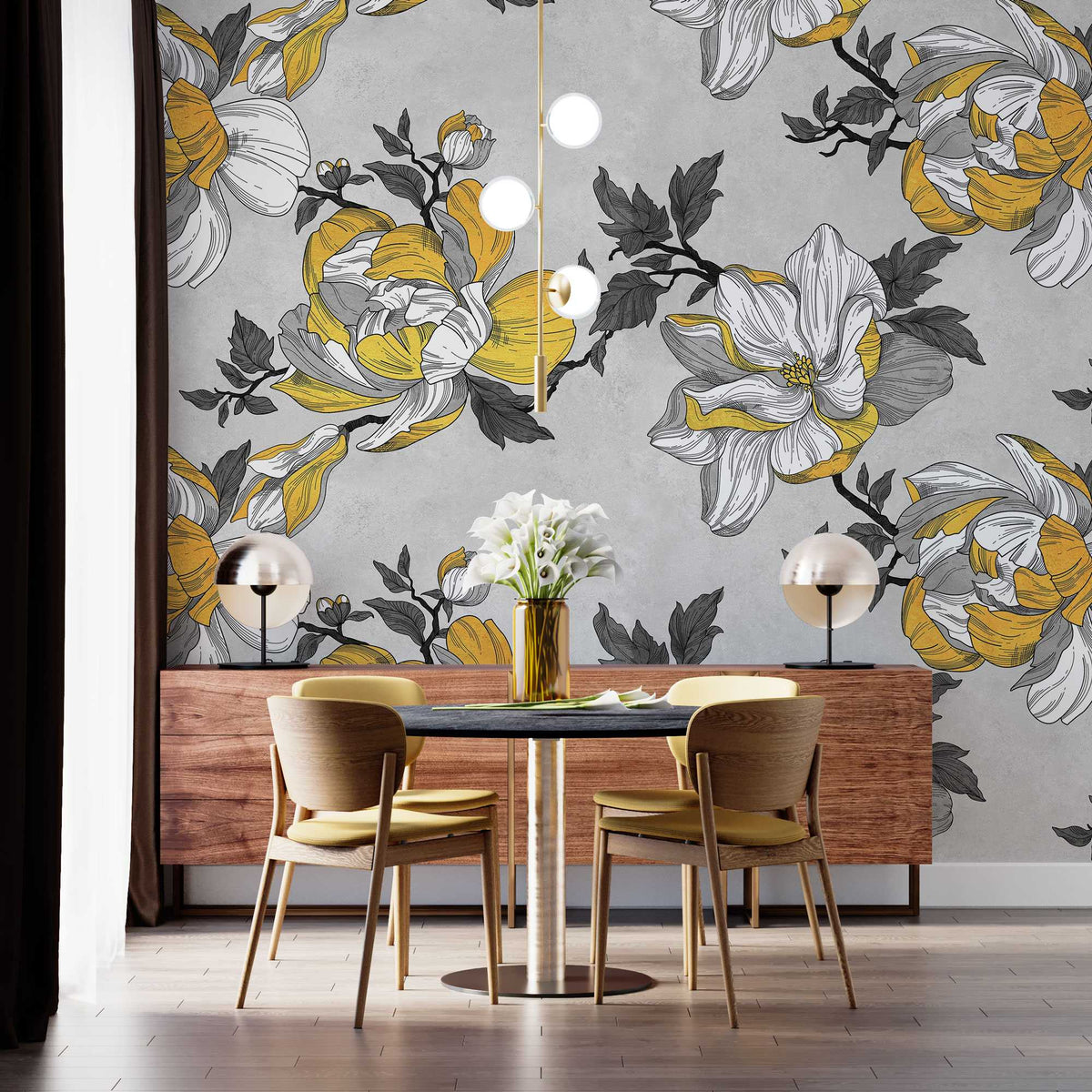 Tapet personalizat floral cu flori galbene in fundal gri grey 'n yellow
