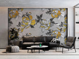 Tapet personalizat floral cu flori galbene in fundal gri grey 'n yellow