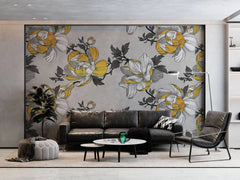 Tapet personalizat floral cu flori galbene in fundal gri grey 'n yellow