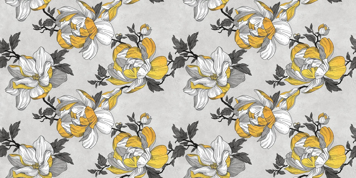 Tapet personalizat floral cu flori galbene in fundal gri grey 'n yellow