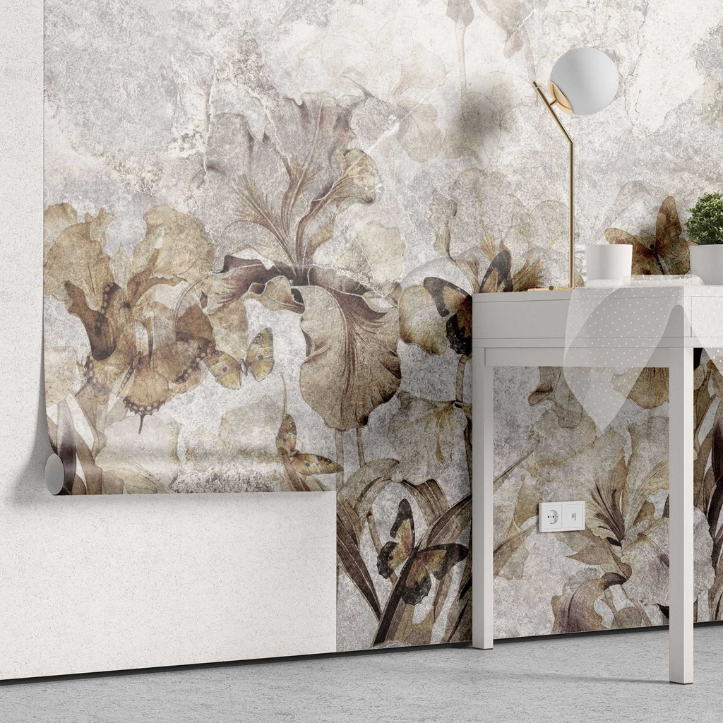 Tapet personalizat floral cu flori si fluturi in nuante de maro floral butterflies