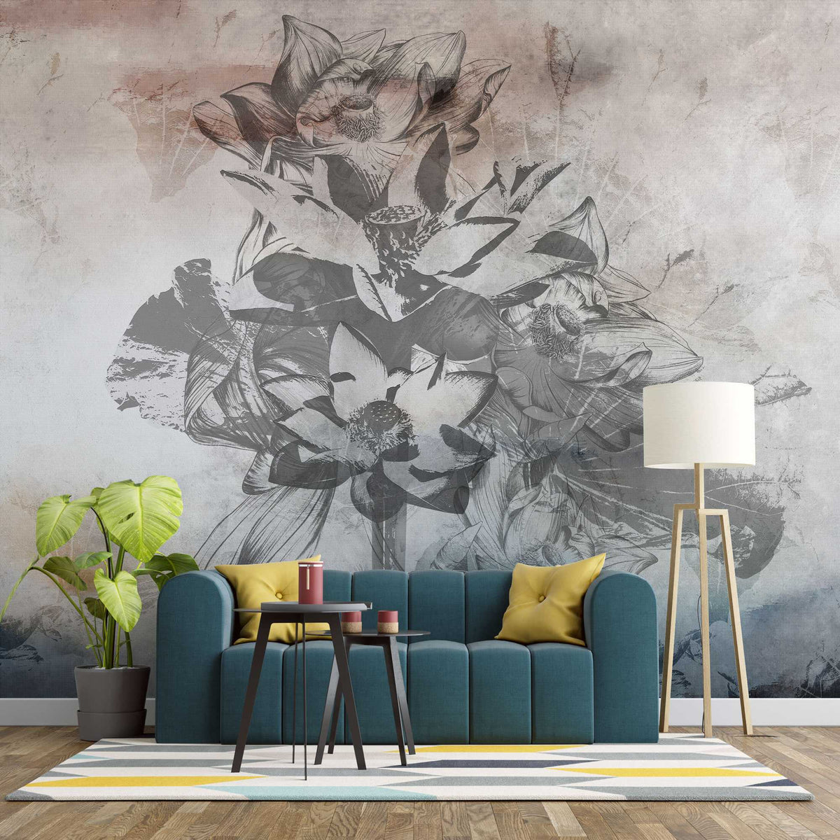 Tapet personalizat floral cu flori de floarea soarelui in nuante reci windy sunflower