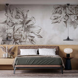 Tapet personalizat floral cu flori uscate sepia pe un fundal alb sepia sunflower