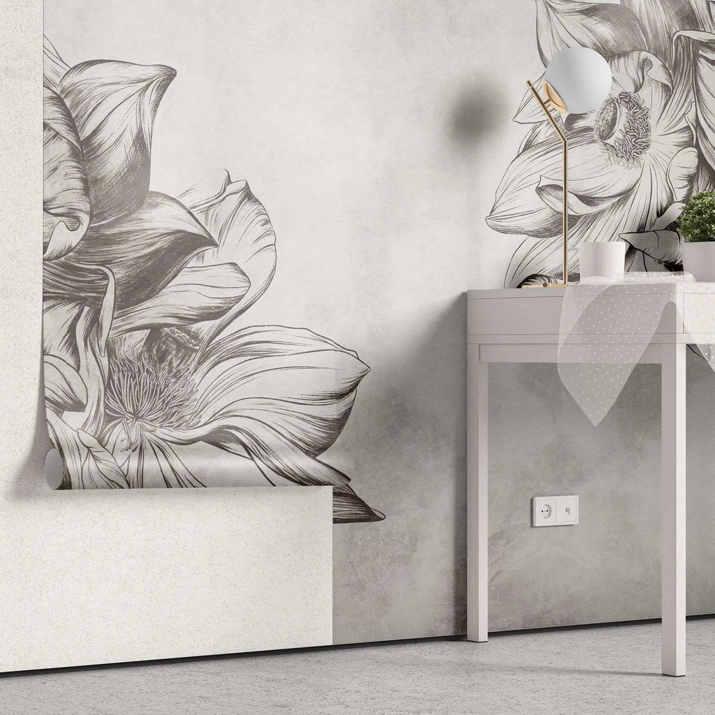 Tapet personalizat floral cu flori uscate sepia pe un fundal alb sepia sunflower