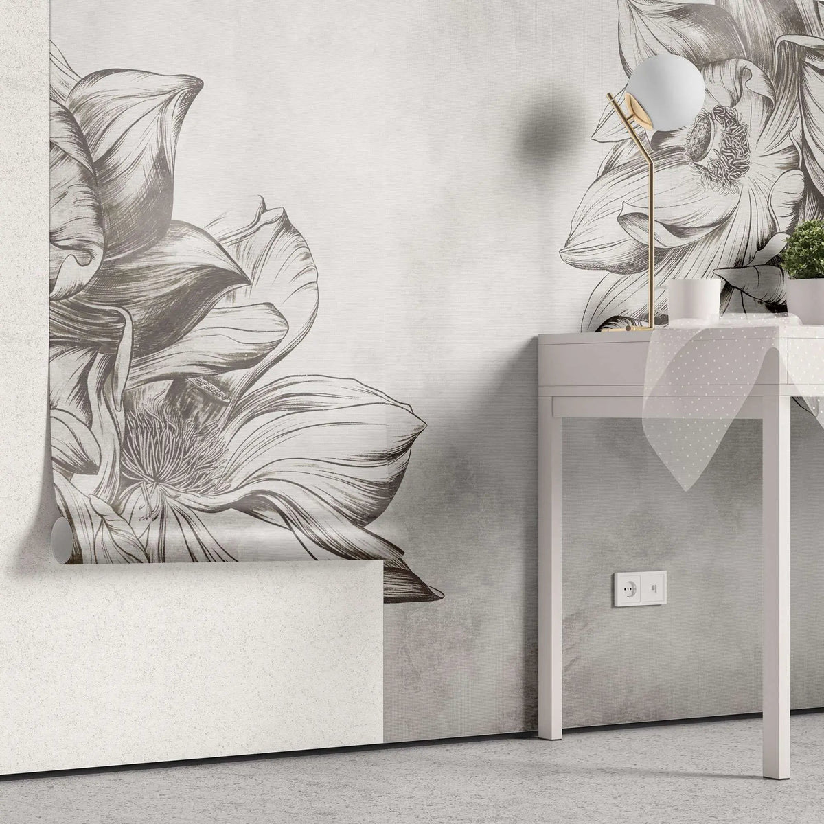 Tapet personalizat floral cu flori uscate sepia pe un fundal alb sepia sunflower