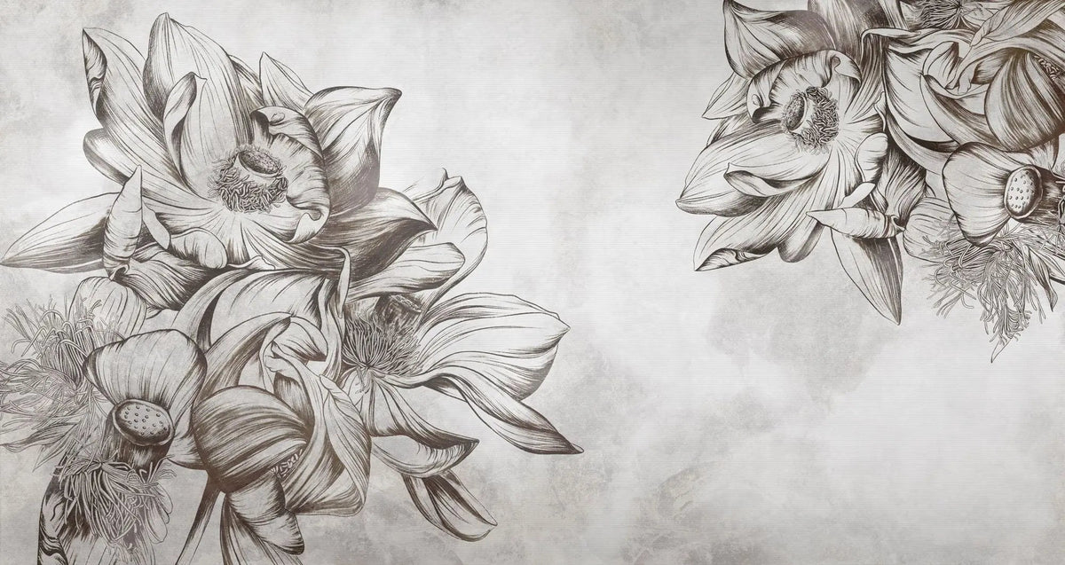 Tapet personalizat floral cu flori uscate sepia pe un fundal alb sepia sunflower