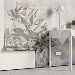 Tapet personalizat floral cu flori in nuante maronii intr un fundal bej gri solo sunflower