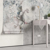 Tapet personalizat floral cu flori pictate in nuante subtile de roz si albastru intr un fundal gri texturat paintbrush flower