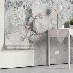 Tapet personalizat floral cu flori pictate in nuante subtile de roz si albastru intr un fundal gri texturat paintbrush flower