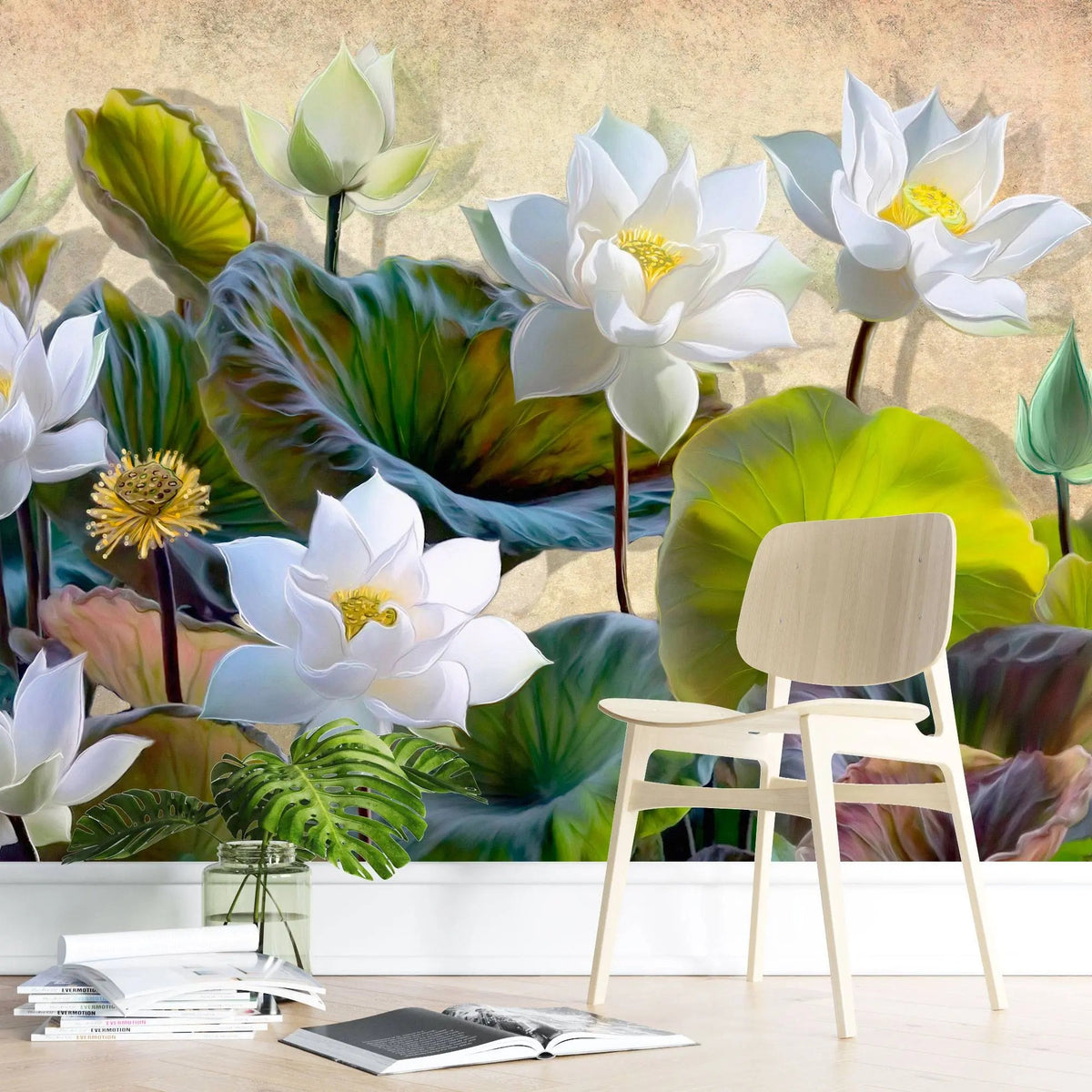 Tapet personalizat floral cu flori de lotus albe pe un fundal texturat rozaliu deschis vivid lotus flower