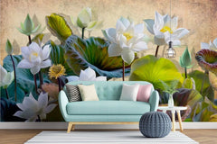 Tapet personalizat floral cu flori de lotus albe pe un fundal texturat rozaliu deschis vivid lotus flower