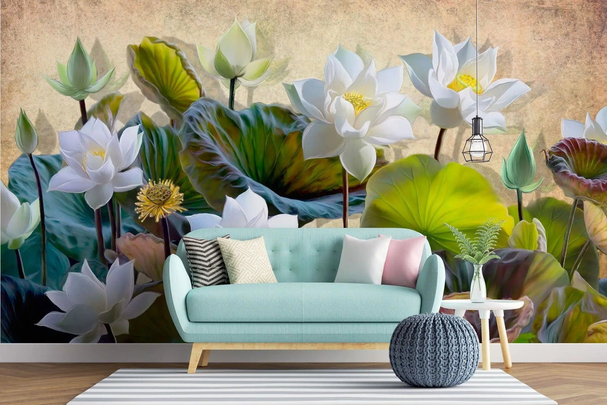 Tapet personalizat floral cu flori de lotus albe pe un fundal texturat rozaliu deschis vivid lotus flower