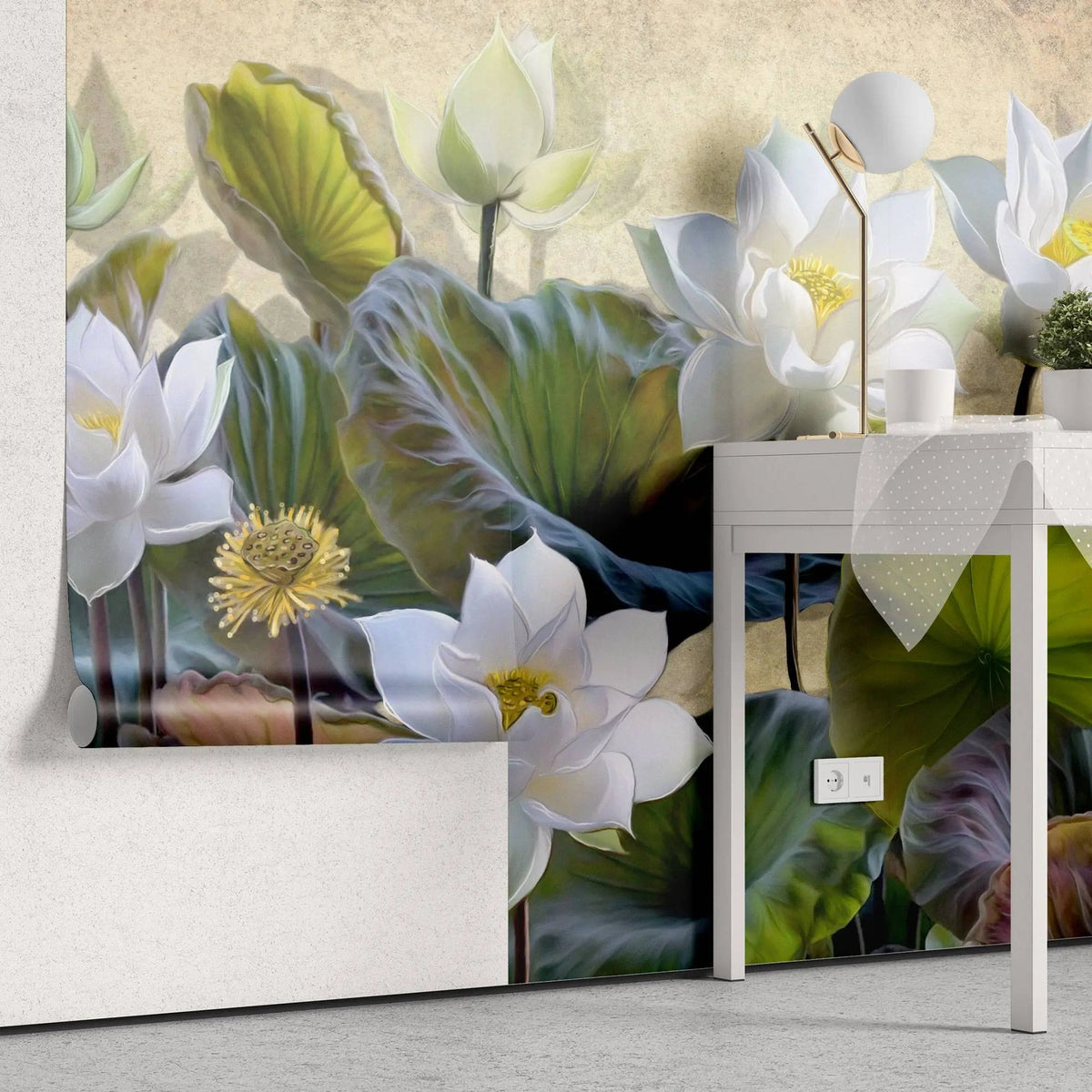 Tapet personalizat floral cu flori de lotus albe pe un fundal texturat rozaliu deschis vivid lotus flower