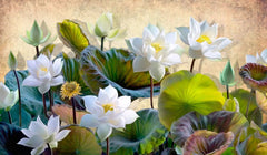 Tapet personalizat floral cu flori de lotus albe pe un fundal texturat rozaliu deschis vivid lotus flower