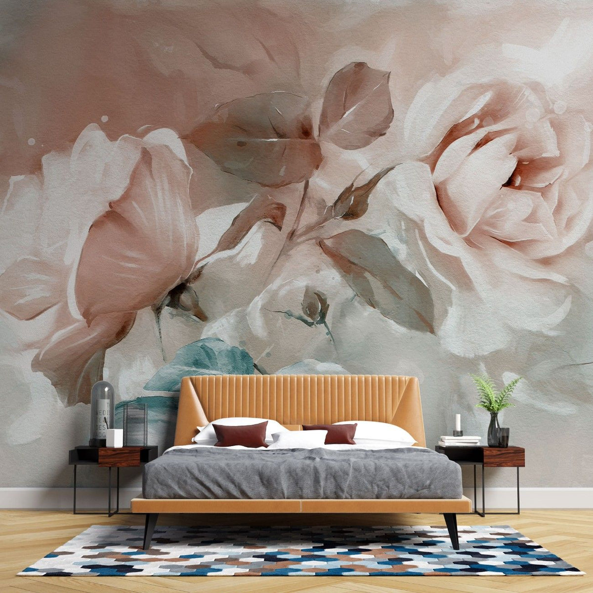 Fototapet personalizat floral cu flori mari in tonuri pastelate de roz creand o atmosfera visatoare si romantica rose pastel mural