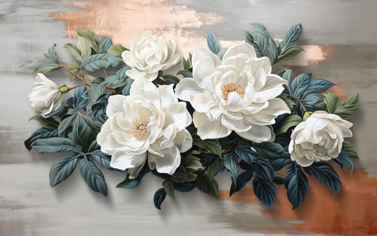 Tapet personalizat floral cu flori stilizate cu accente 3d aducand profunzime si un efect modern decorului 3d floral accents