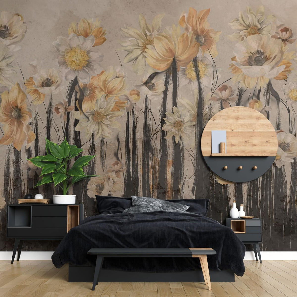 Tapet personalizat floral cu flori de narcisa in tonuri intunecate creand o atmosfera dramatica si sofisticata daffodil dark