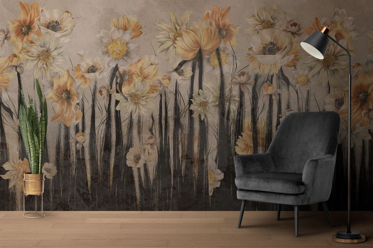 Tapet personalizat floral cu flori de narcisa in tonuri intunecate creand o atmosfera dramatica si sofisticata daffodil dark