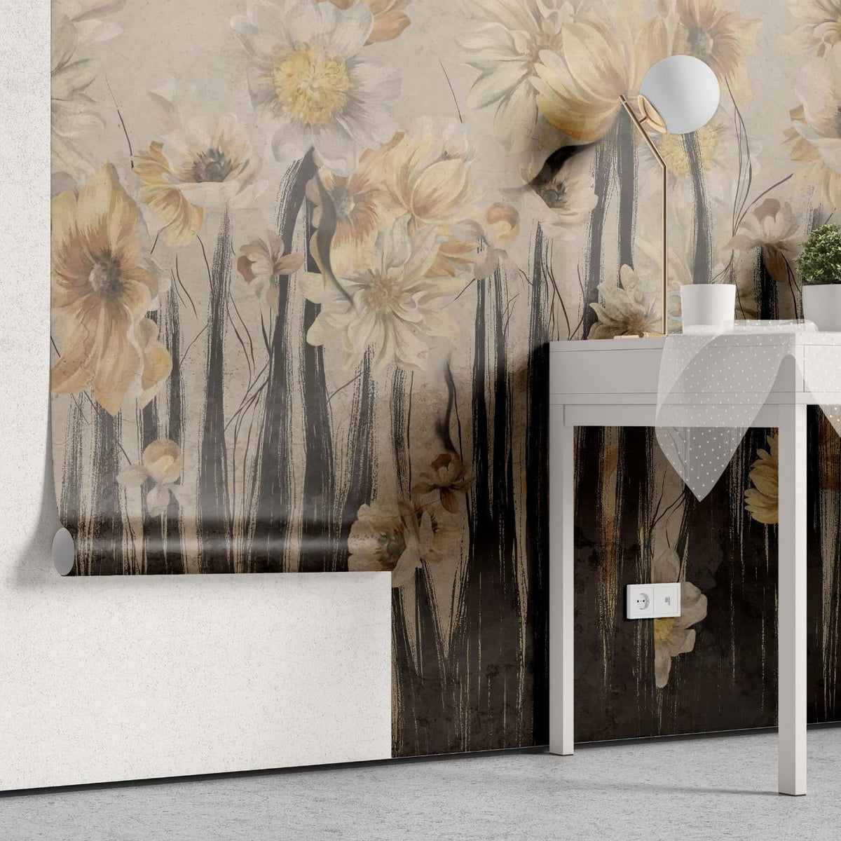 Tapet personalizat floral cu flori de narcisa in tonuri intunecate creand o atmosfera dramatica si sofisticata daffodil dark