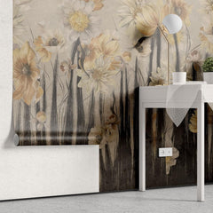 Tapet personalizat floral cu flori de narcisa in tonuri intunecate creand o atmosfera dramatica si sofisticata daffodil dark