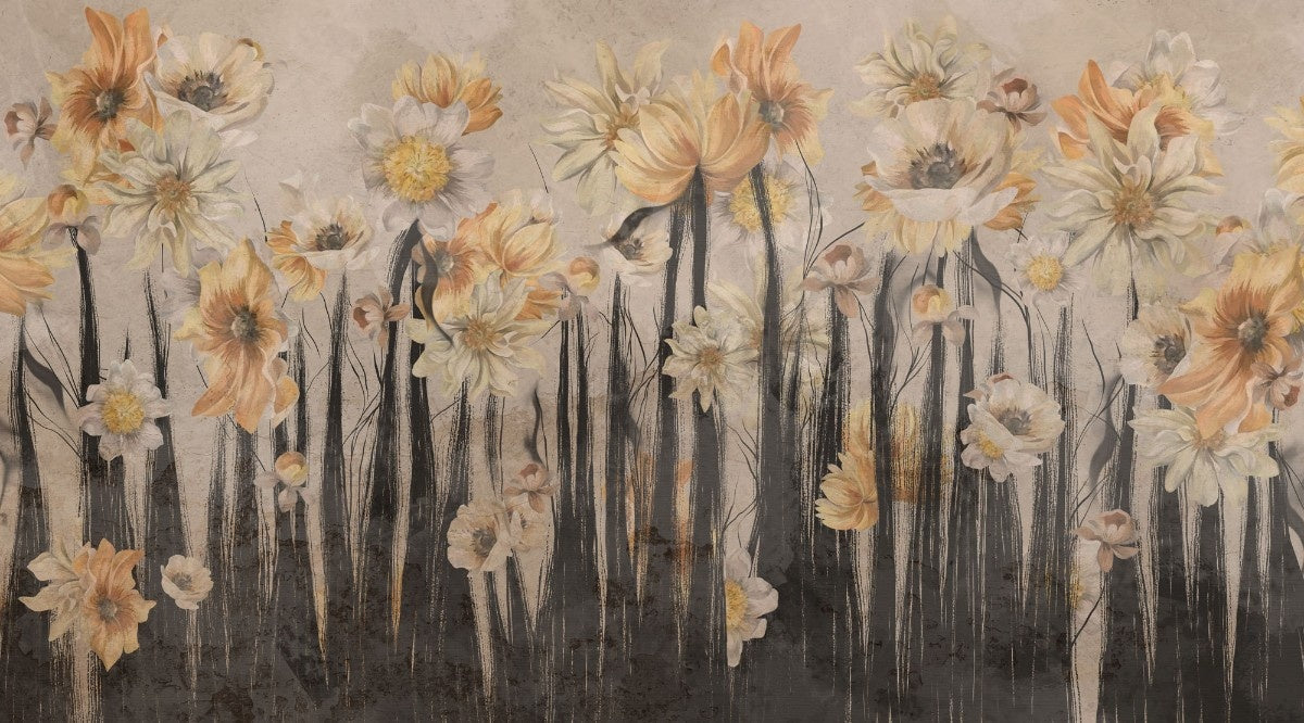 Tapet personalizat floral cu flori de narcisa in tonuri intunecate creand o atmosfera dramatica si sofisticata daffodil dark