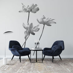 Fototapet personalizat floral cu flori stilizate in nuante de gri cu un aspect delicat si artistic grayscale flowers