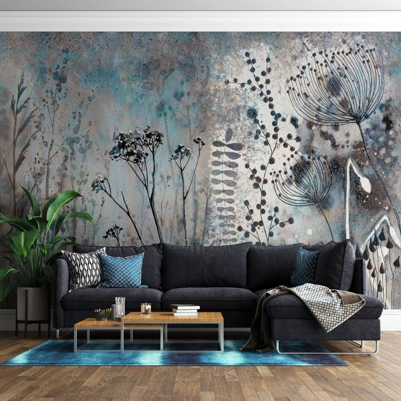Tapet personalizat floral cu flori de camp in nuante delicate de albastru creand o atmosfera senina si proaspata blue wildflowers